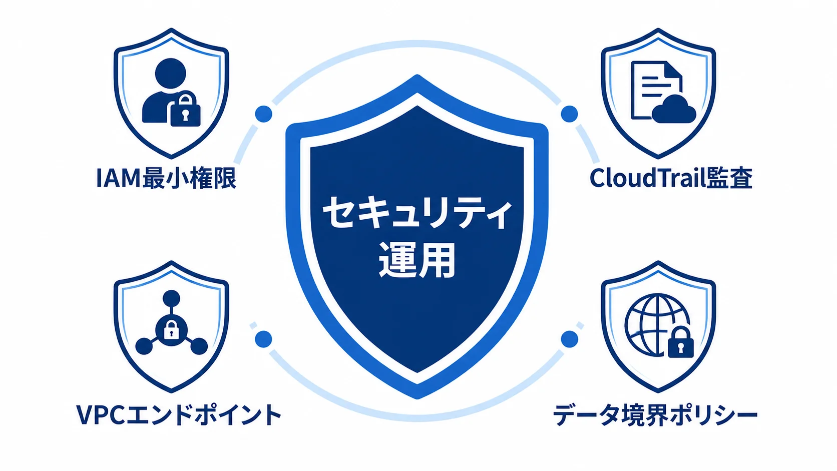 Daybreakの防御統制 Daybreakの利用を守るIAM、CloudTrail、VPC、データ境界の統制を示す図