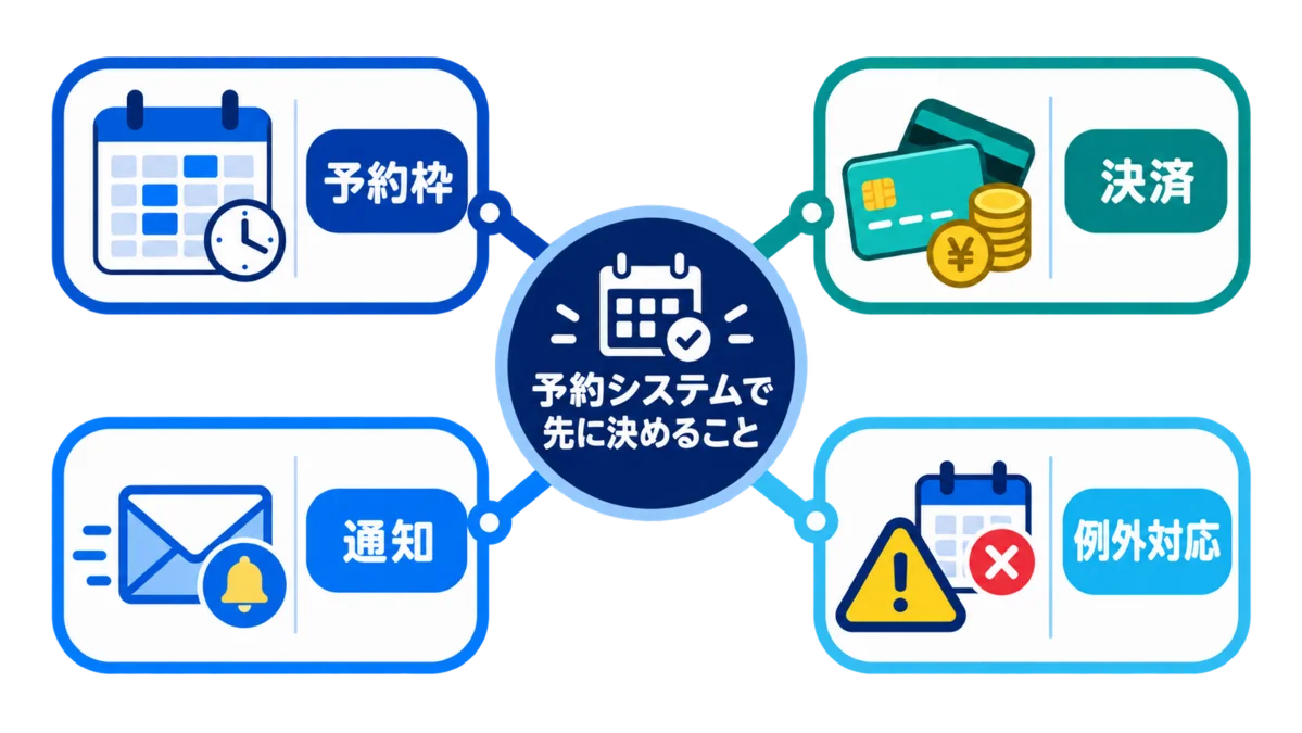 予約システムで先に決める予約枠・決済・通知・例外対応の図解 予約システムで先に決める予約枠・決済・通知・例外対応の図解