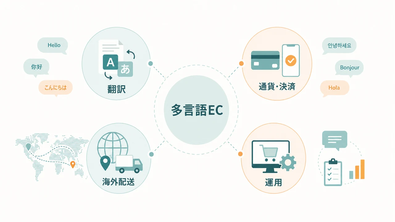 ECサイトの多言語対応費用を翻訳、通貨・決済、海外配送、運用の要因で示した図解