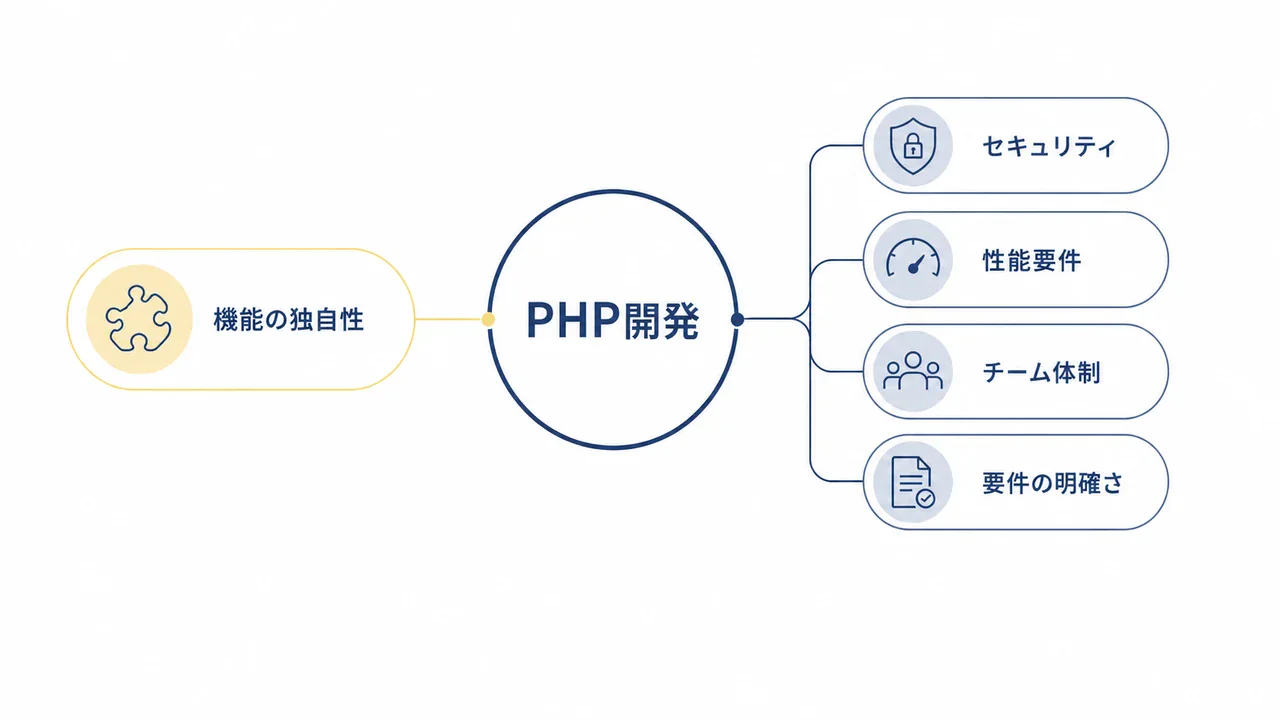PHP開発の費用を左右する要因を示す図解。機能の独自性、セキュリティ、性能要件、チーム体制、要件の明確さ。