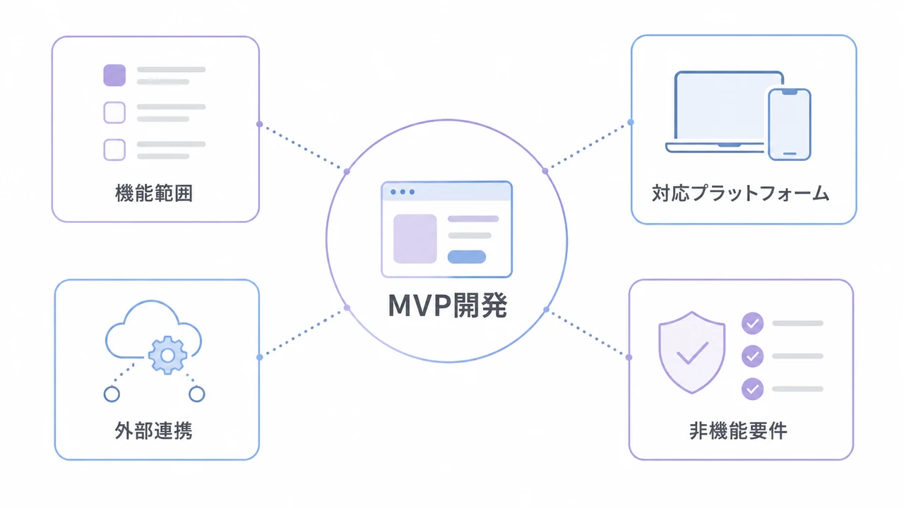 MVP開発費用を4要因で整理 MVP開発費用を機能範囲、対応プラットフォーム、外部連携、非機能要件で示した図解