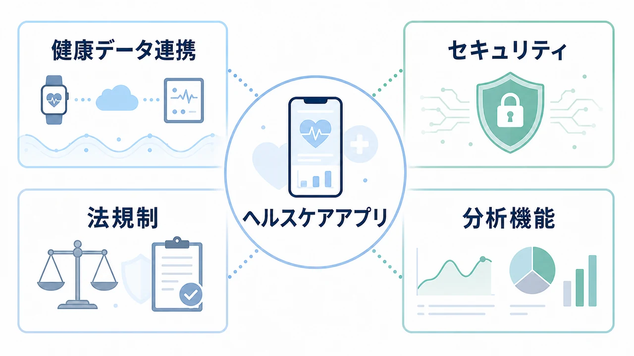 ヘルスケアアプリ開発費用を4要素で整理 ヘルスケアアプリ開発費用を健康データ連携、セキュリティ、法規制、分析機能で示した図解