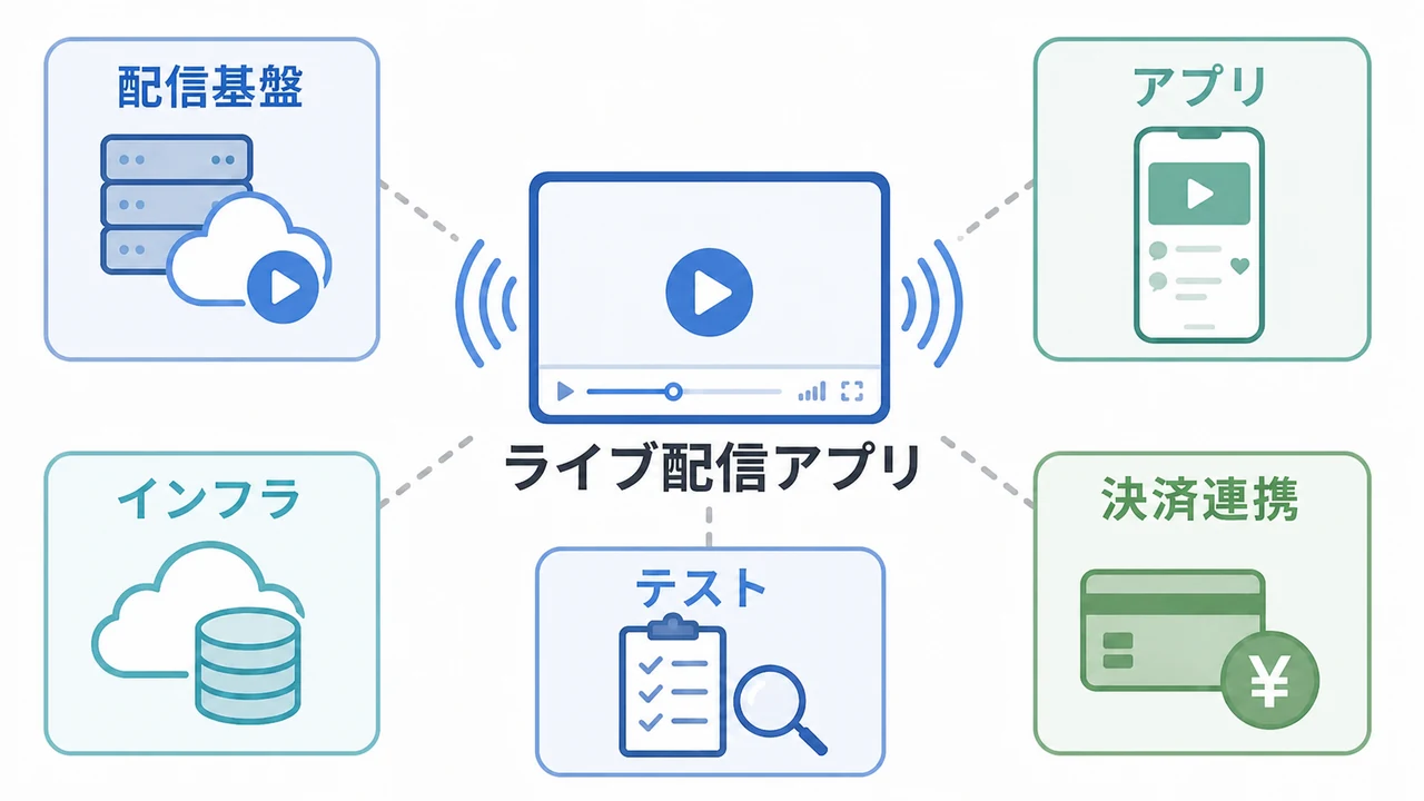 ライブ配信アプリ開発費用を5要素で整理 ライブ配信アプリ開発費用を配信基盤、アプリ、インフラ、テスト、決済連携で示した図解