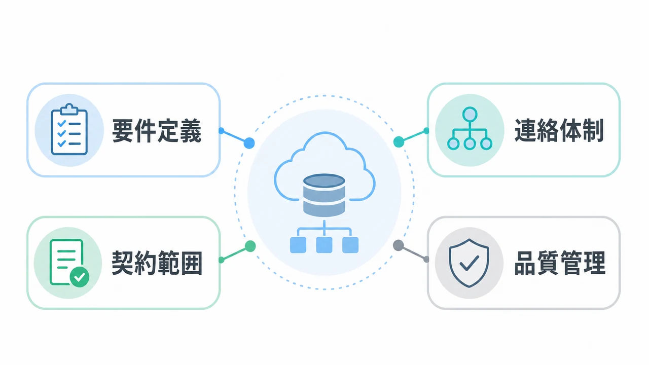 Snowflake導入の外注確認ポイントを4項目で整理 Snowflake導入の外注時に確認する要件定義、契約範囲、連絡体制、品質管理を示した図解