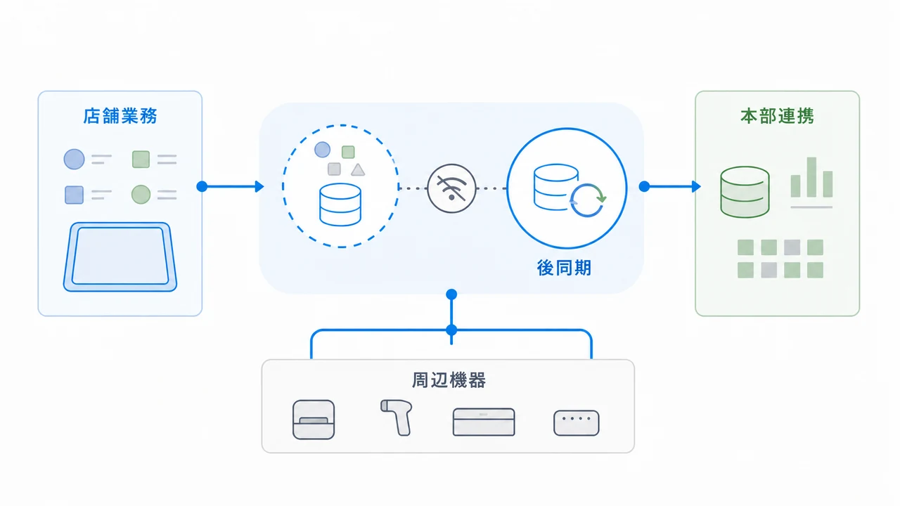 小売システムの設計を店舗業務、後同期、周辺機器、本部連携の4要素で示した図解