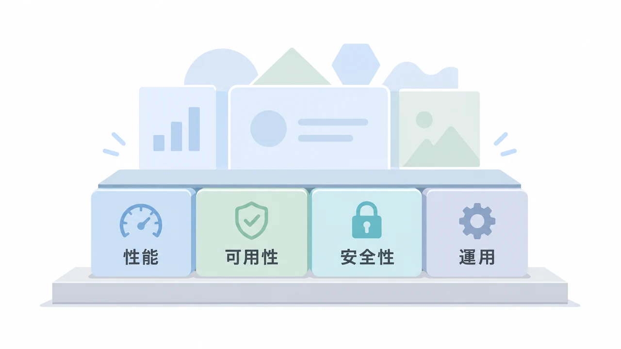 バックエンドの非機能要件を性能、可用性、安全性、運用の4軸で示した図解