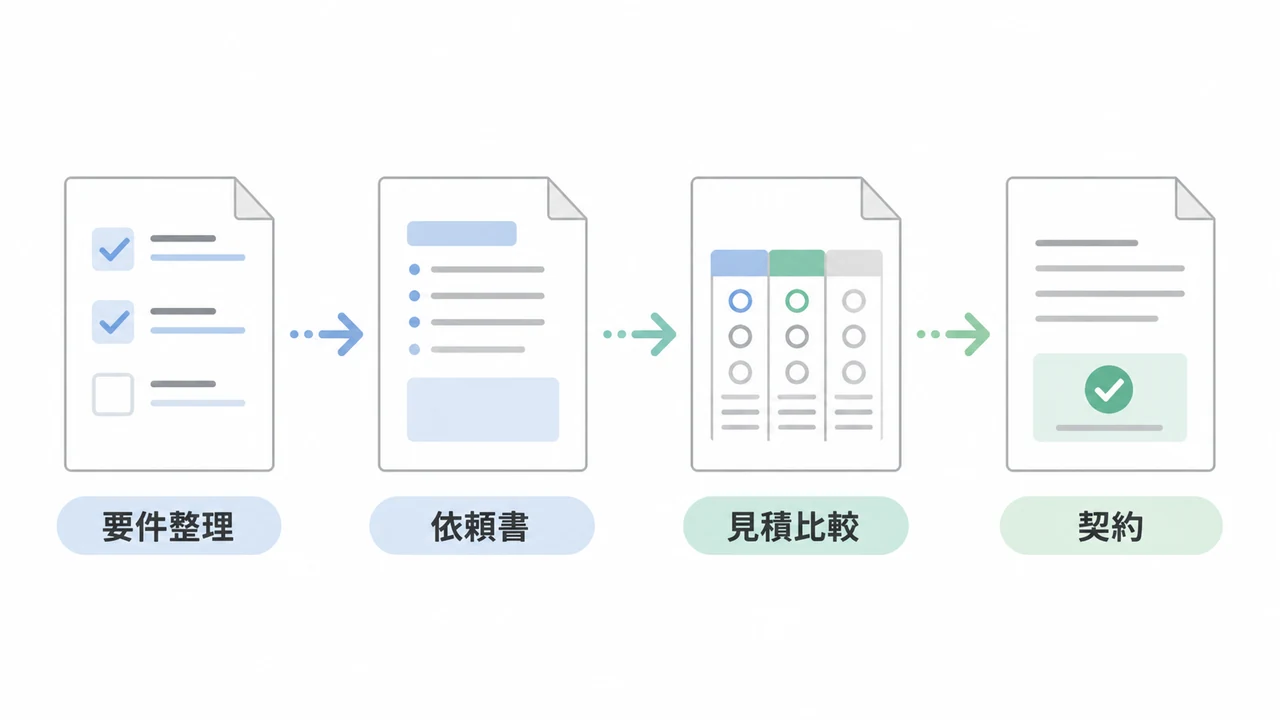 Angular開発の外注を要件整理、依頼書、見積比較、契約の4段階で示した図解