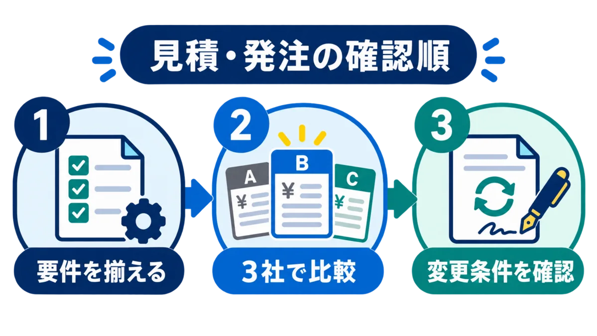 システム開発の見積もりと発注で要件整理・3社比較・変更条件確認を行う図解 システム開発の見積もりと発注で要件整理・3社比較・変更条件確認を行う図解