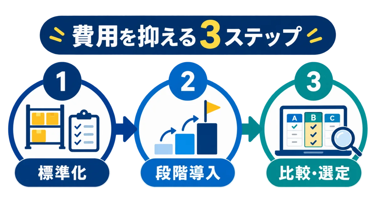 倉庫管理システムの費用を標準化・段階導入・比較選定で抑える図解 倉庫管理システムの費用を標準化・段階導入・比較選定で抑える図解