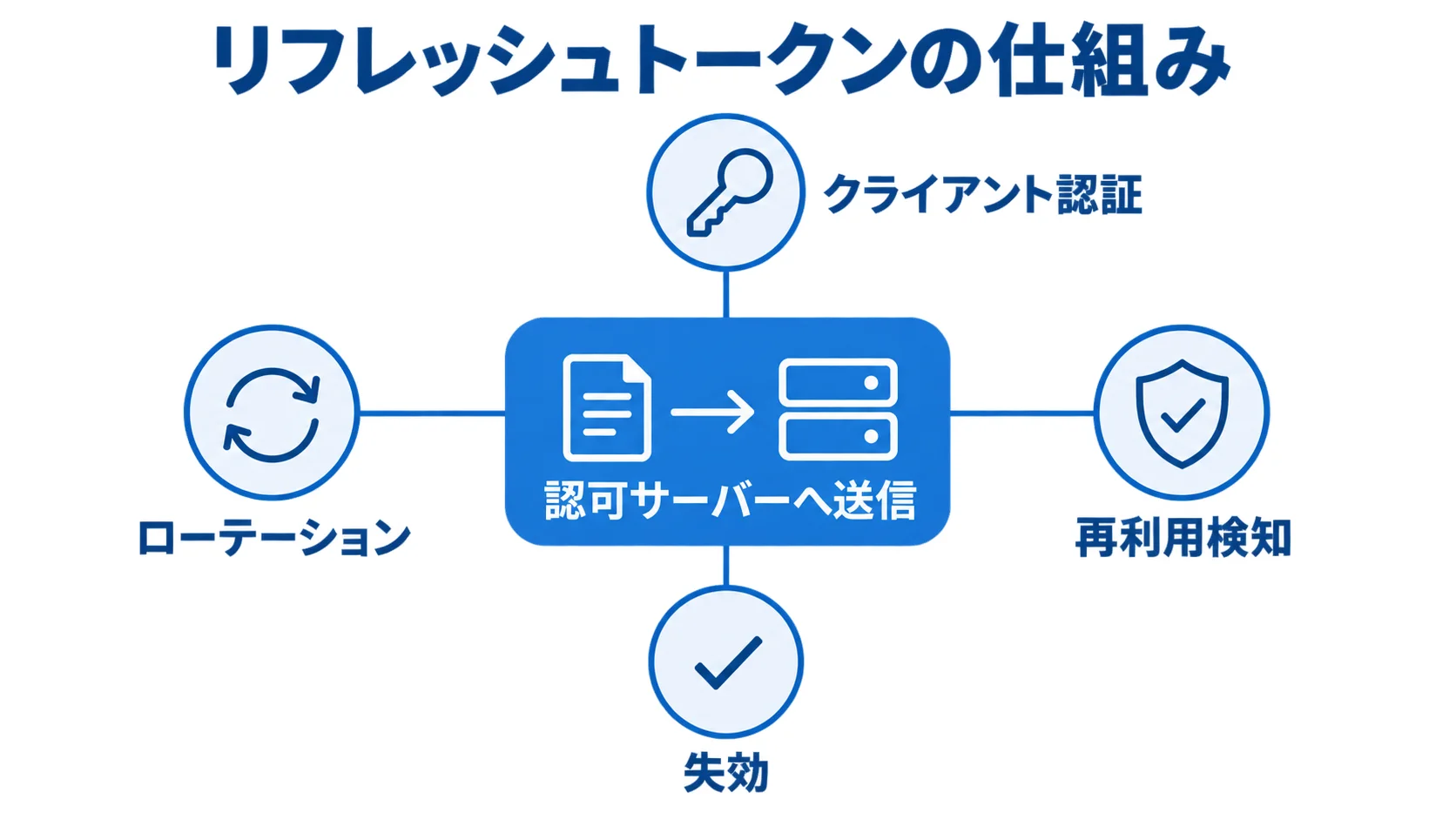認可サーバーへの送信を中心にローテーション、クライアント認証、再利用検知、失効を示す図