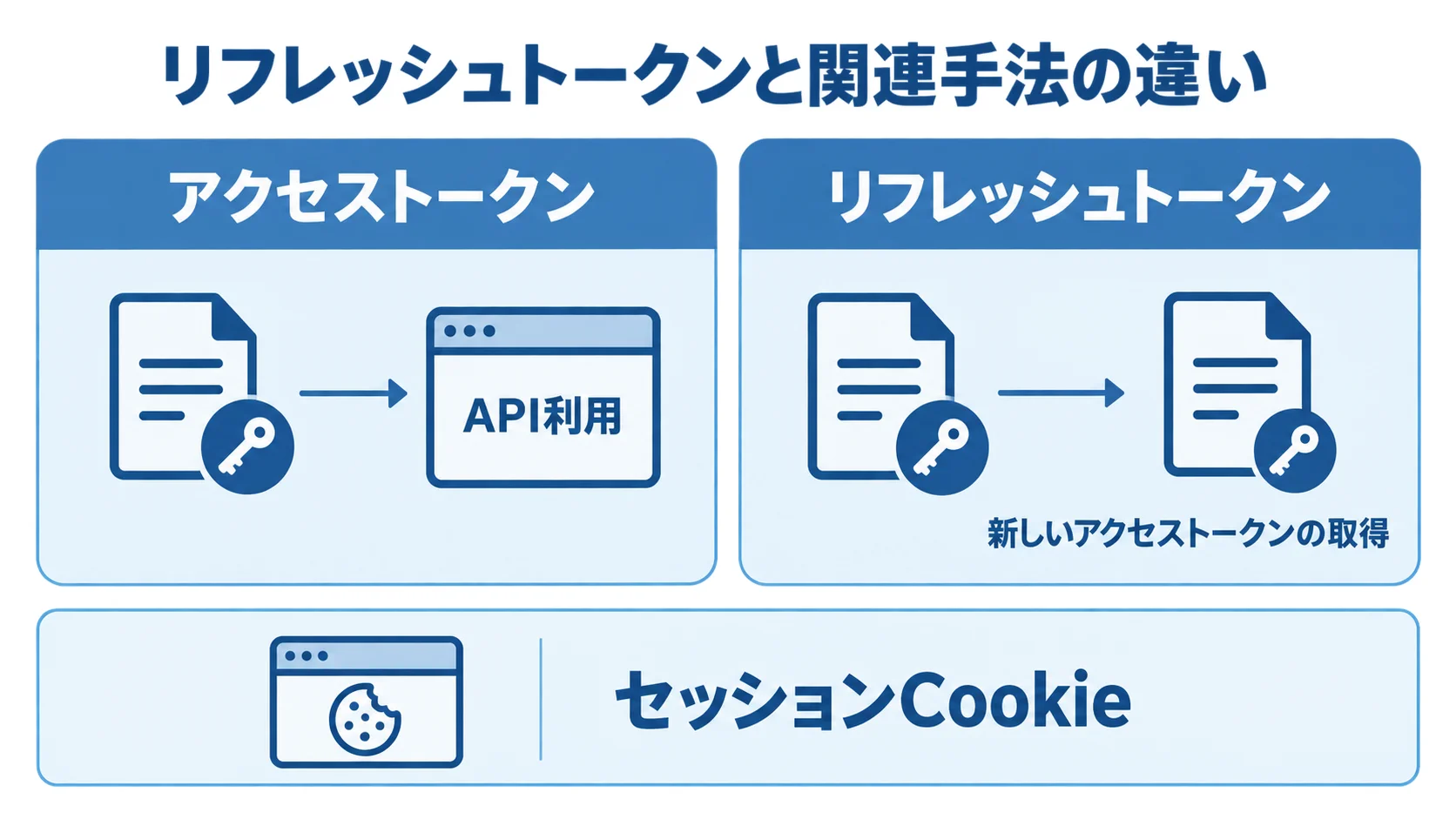 アクセストークン、リフレッシュトークン、セッションCookieの役割と設計の違いを左右で比較する図