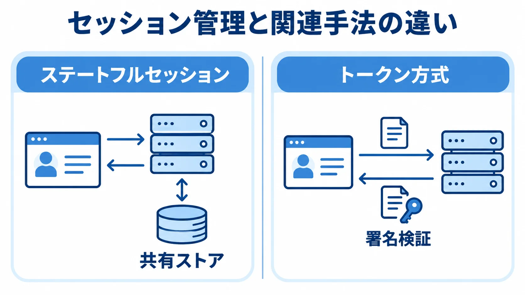 セッション管理と関連手法の比較 ステートフルセッションとトークン方式の違いを左右2列で比較した図解