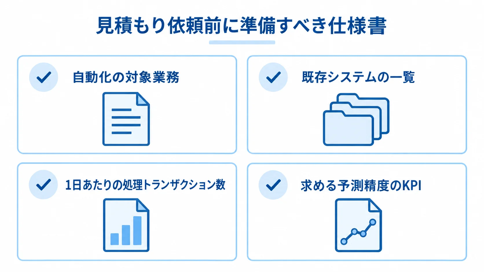 見積もり依頼前に確認する仕様書の項目 見積もり依頼前に準備すべき仕様書の情報を4枚のチェックカードで示す図