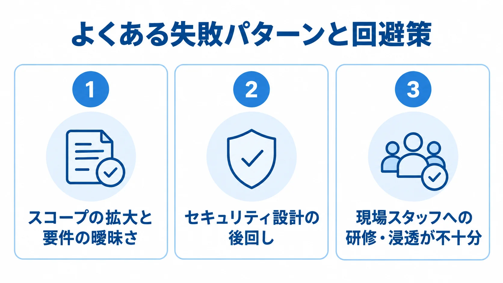 よくある失敗パターンと回避策の整理 教育業界AIエージェント導入のよくある失敗パターン3つを示す図