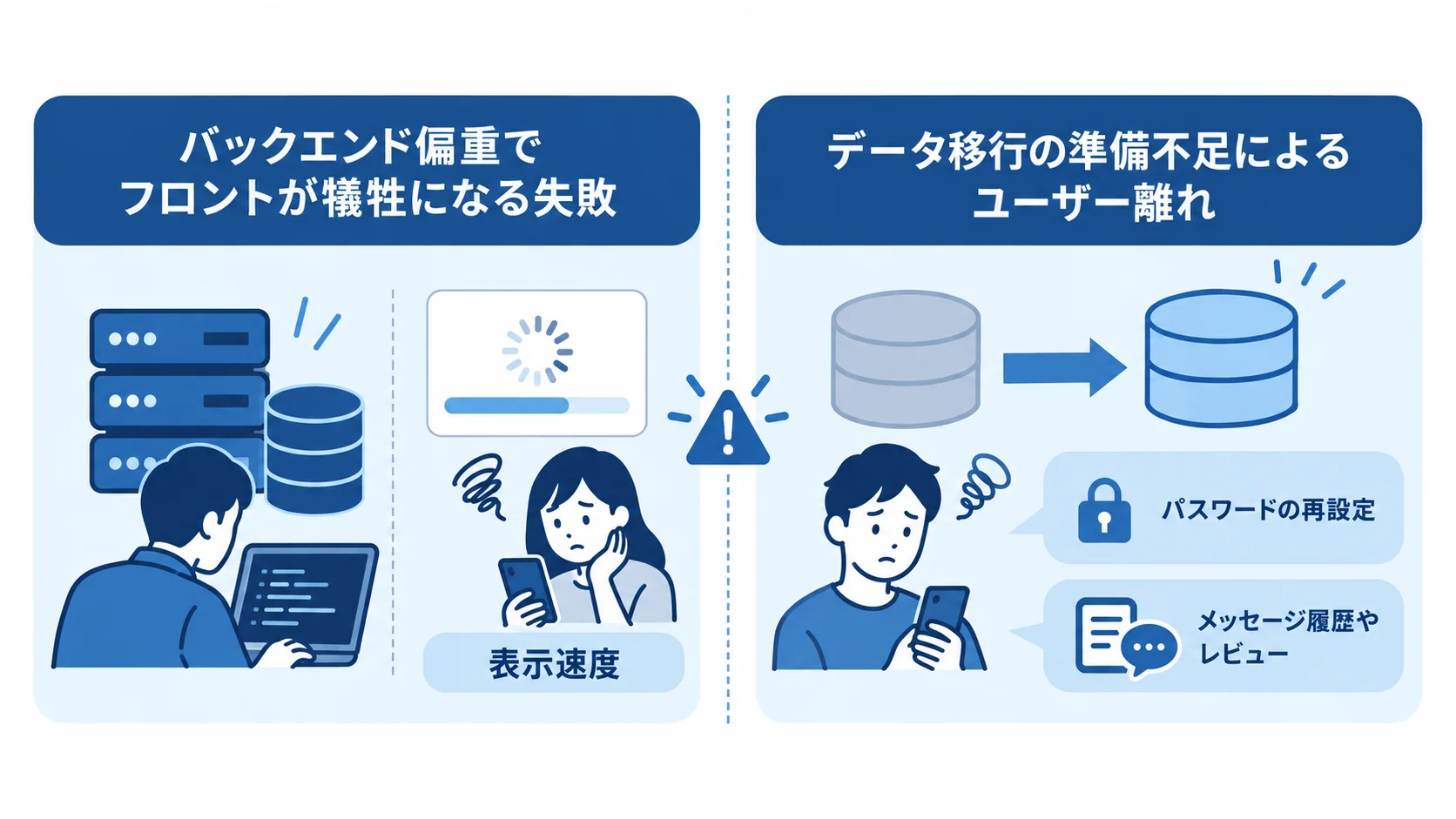 マッチングサイトのモダナイゼーションでよくある落とし穴 マッチングサイトの刷新で起きやすいバックエンド偏重とデータ移行準備不足の2つの落とし穴を左右で比較する図解