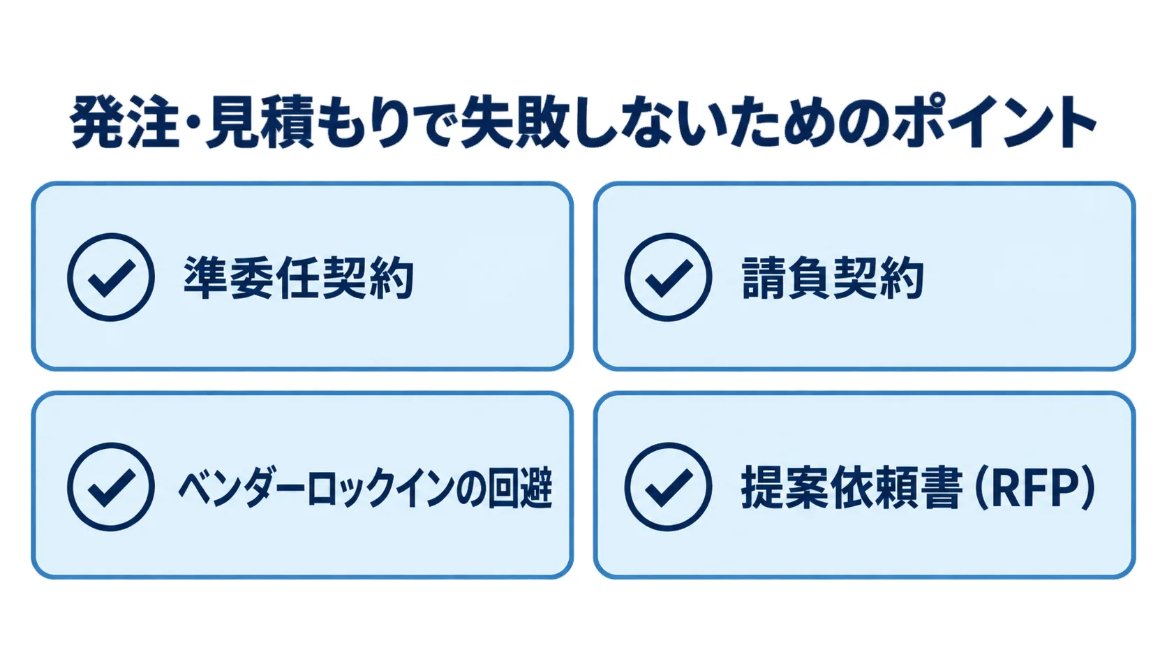 在庫管理システムの発注・見積もりで確認する4つのポイントを整理したチェックリスト 在庫管理システムの発注・見積もりで確認する準委任契約、請負契約、ベンダーロックインの回避、提案依頼書(RFP)のチェックリスト