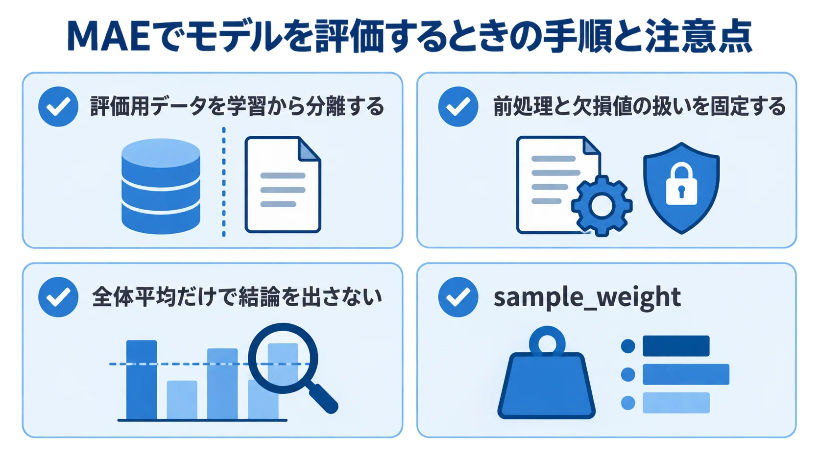 MAE評価の手順と注意点をまとめたチェックリスト MAEでモデルを評価するときの4つの確認項目をチェックカードで示した図解