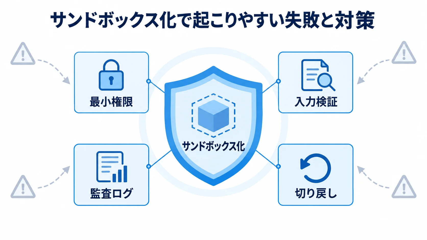 サンドボックス化を中央に置き、最小権限や入力検証などの対策で失敗を防ぐ図