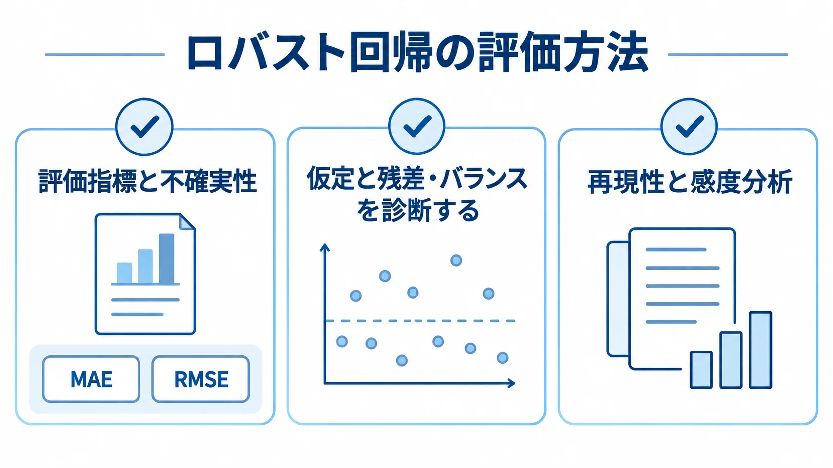 ロバスト回帰の評価で確認する、指標と不確実性、残差診断、再現性と感度分析のチェック項目を示した図