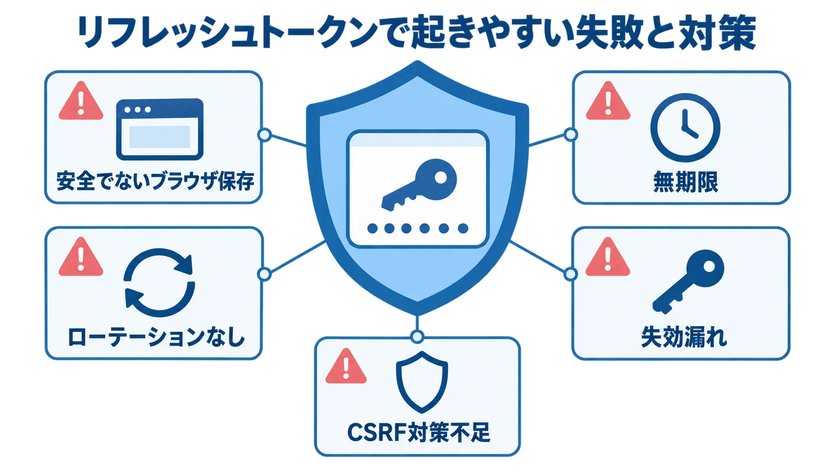 リフレッシュトークンを中央に置き、安全でないブラウザ保存、無期限、ローテーションなし、失効漏れ、CSRF対策不足を周囲に示す図