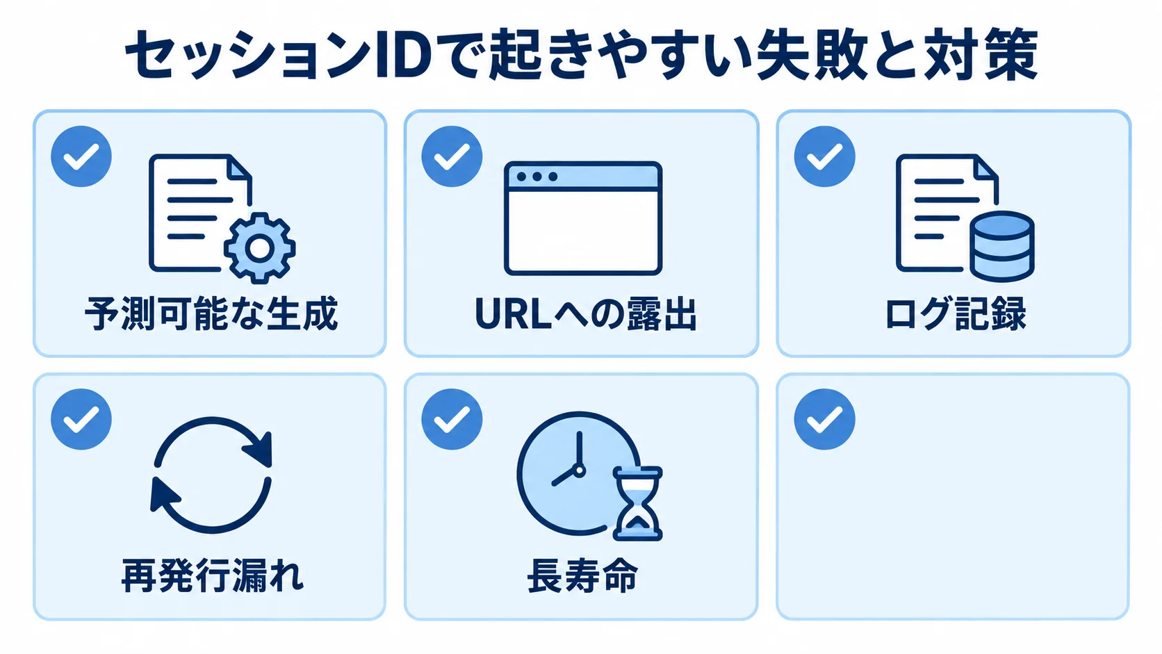 セッションIDで起きやすい失敗を5項目で確認するチェックリスト 予測可能な生成、URLへの露出、ログ記録、再発行漏れ、長寿命を確認するチェック図