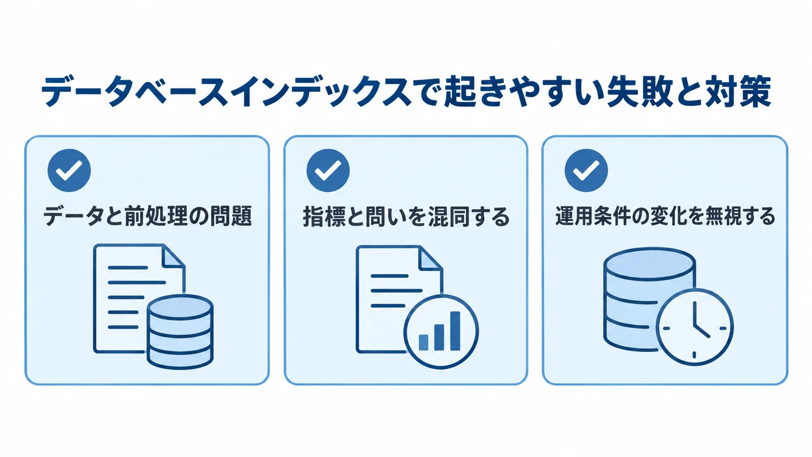 データベースインデックスの失敗と対策のチェック項目 データベースインデックスで起きやすい失敗を、データと前処理、指標と問い、運用条件の3項目で確認する図解