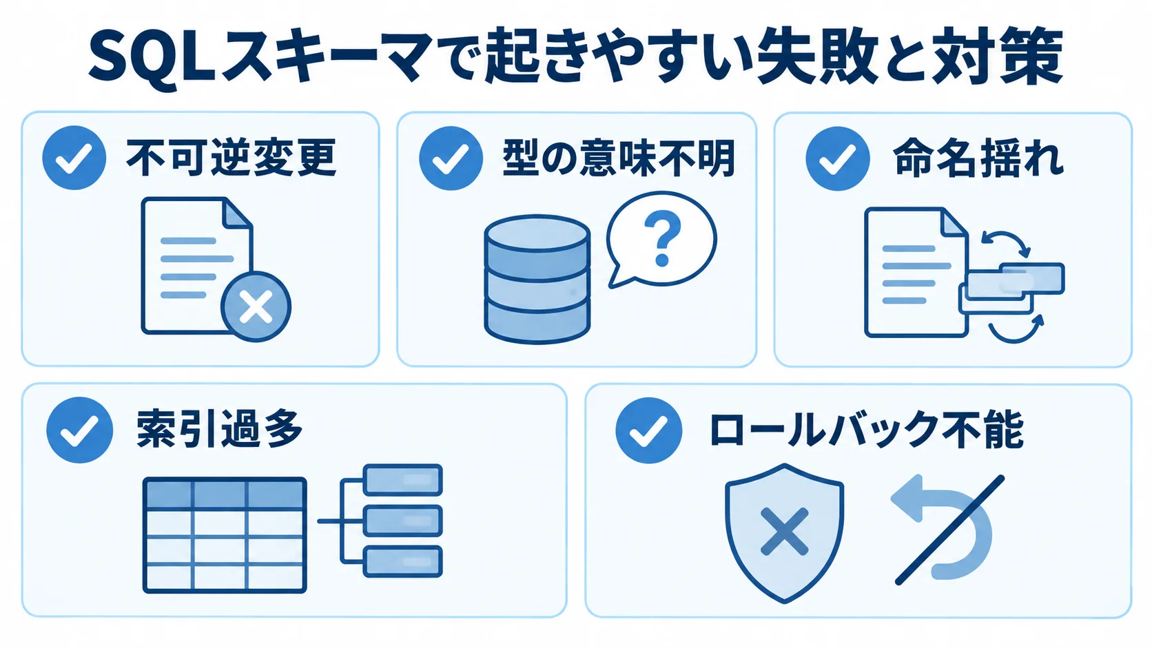 SQLスキーマの失敗と対策を確認するチェックリスト 不可逆変更、型の意味不明、命名揺れ、索引過多、ロールバック不能を確認するSQLスキーマのチェックリスト