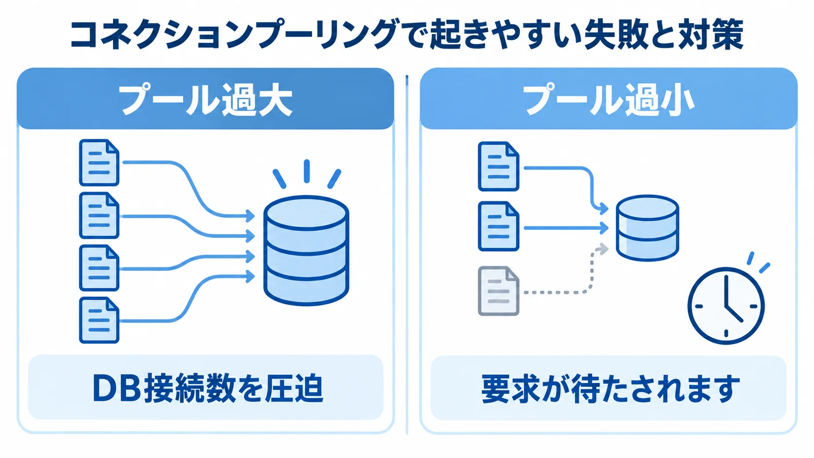 プール過大でDB接続数を圧迫する場合とプール過小で要求が待たされる場合の比較図