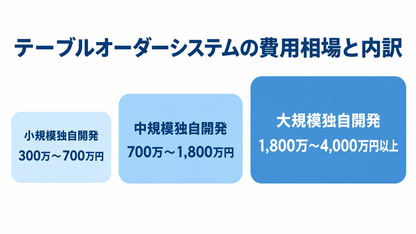 独自開発の規模別費用を示す尺度図 小規模から大規模へ、独自開発の費用範囲を3段階で示した図