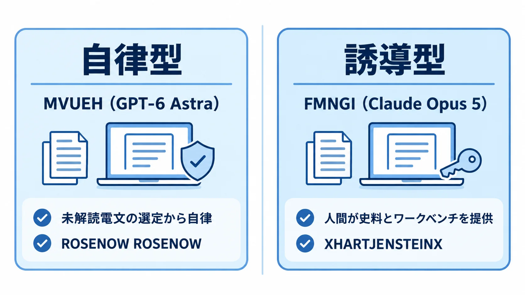 自律型と誘導型の比較 MVUEHをGPT-6 Astraが自律型で、FMNGIをClaude Opus 5が人間の用意した史料とワークベンチで解読した違いを対比する図