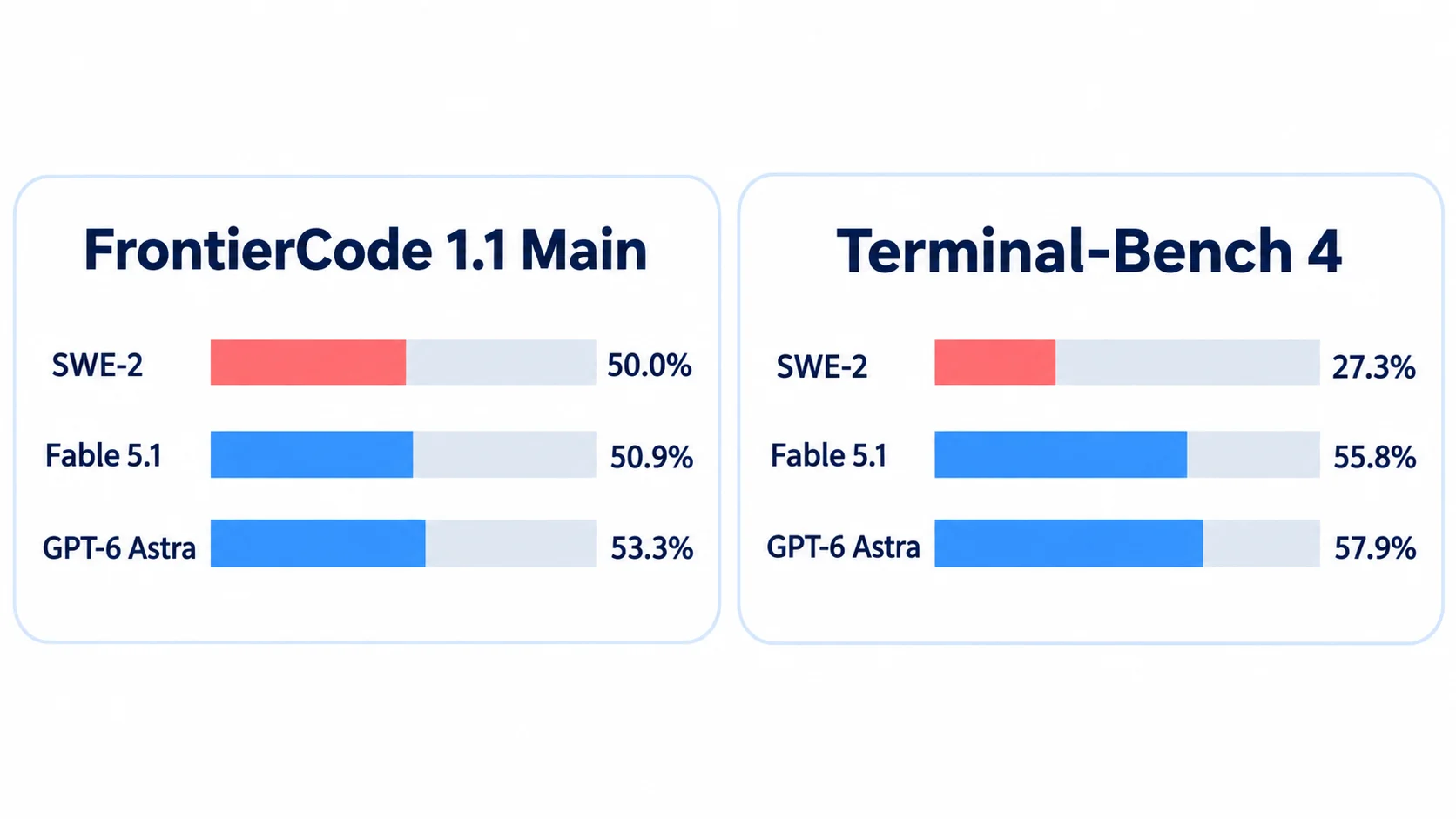 ベンチマークによって差が開く FrontierCode 1.1 Mainでは3モデルが近いが、Terminal-Bench 4ではSWE-2が27.3%とFable 5.1・GPT-6 Astraを大きく下回ることを示す横棒グラフ