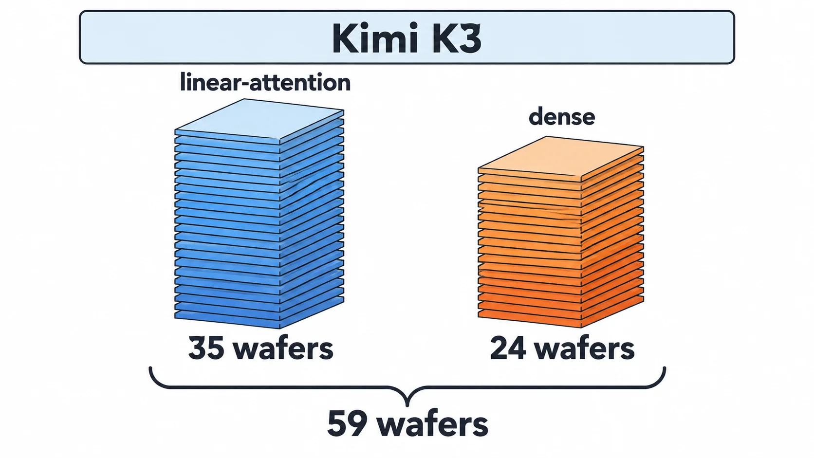 59枚構成の試算 Cerebrasの構成試算で、Kimi K3をlinear-attention層用の35枚とdense層用の24枚、合計59枚のウェハに分けて載せる設計例