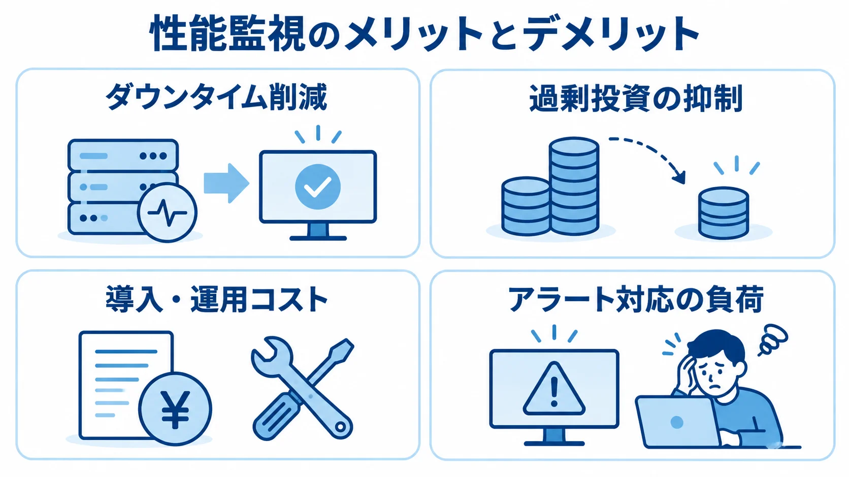 性能監視の効果と運用上の負担を整理した図 性能監視による二つの効果と、導入・運用時に生じる二つの負担を並べた図解。