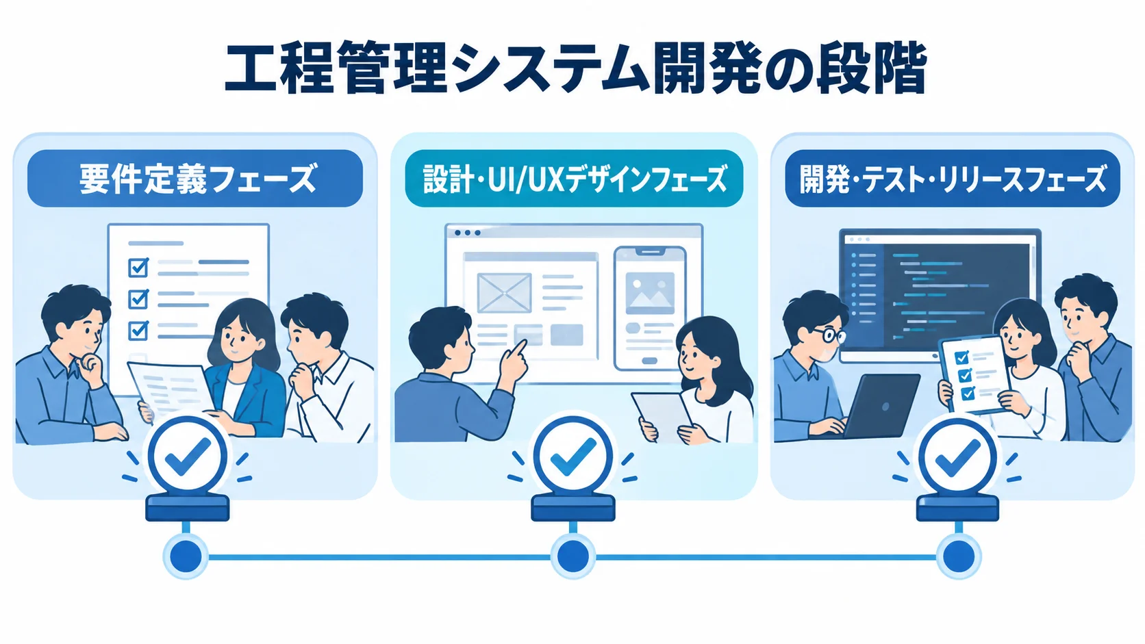 工程管理システム開発の要件定義、設計、開発・テスト・リリースの3段階を横並びで示した図。