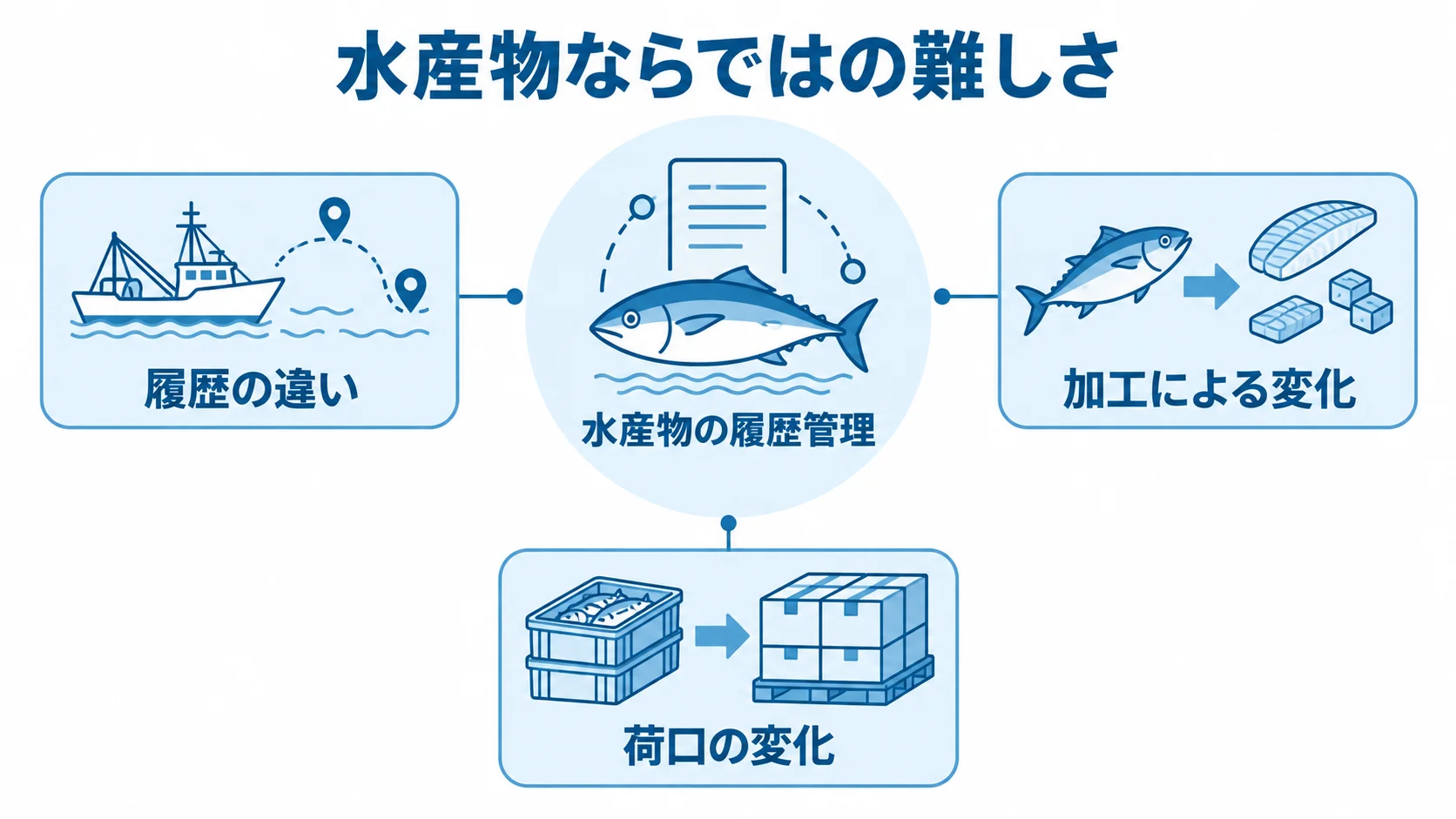 水産物の履歴管理に関わる現場特性 水産物の履歴管理を中心に、履歴・加工・荷口の変化を示す図