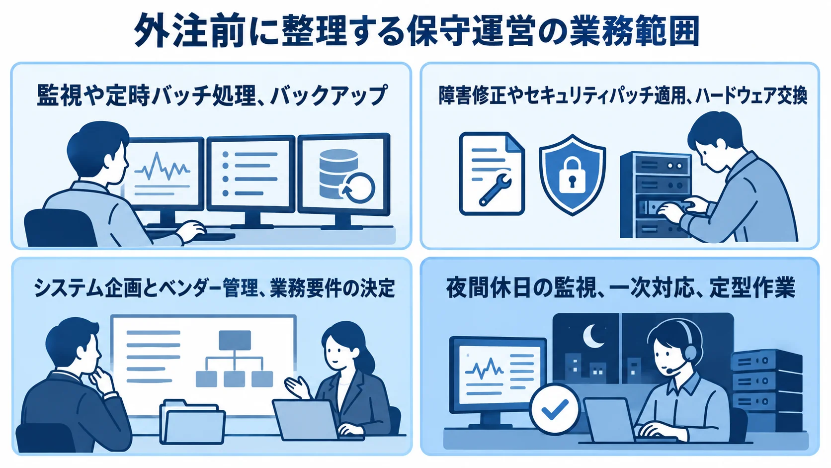保守運営の外注前に整理する業務範囲を示した4枚のカード図 保守運営の外注前に整理する定常業務、変更業務、社内業務、外注業務を4枚のカードで示した図