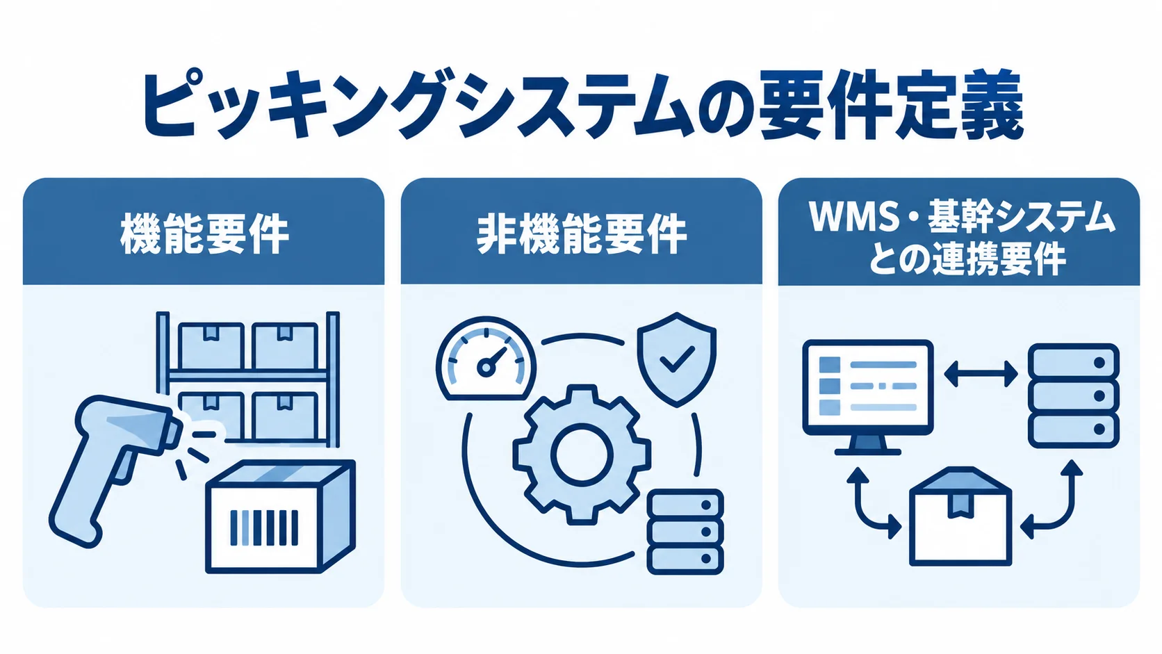 ピッキングシステム開発で整理する3つの要件領域 ピッキングシステムの要件定義を機能要件、非機能要件、WMS・基幹システムとの連携要件に分けた図解。
