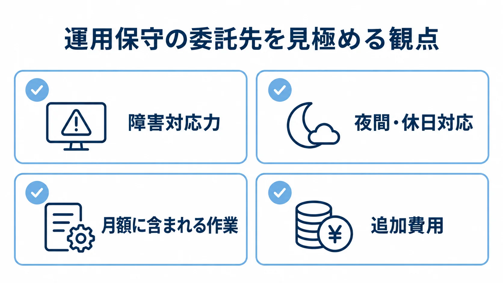 障害対応力や夜間・休日対応、月額に含まれる作業、追加費用を並べた運用保守の確認項目図