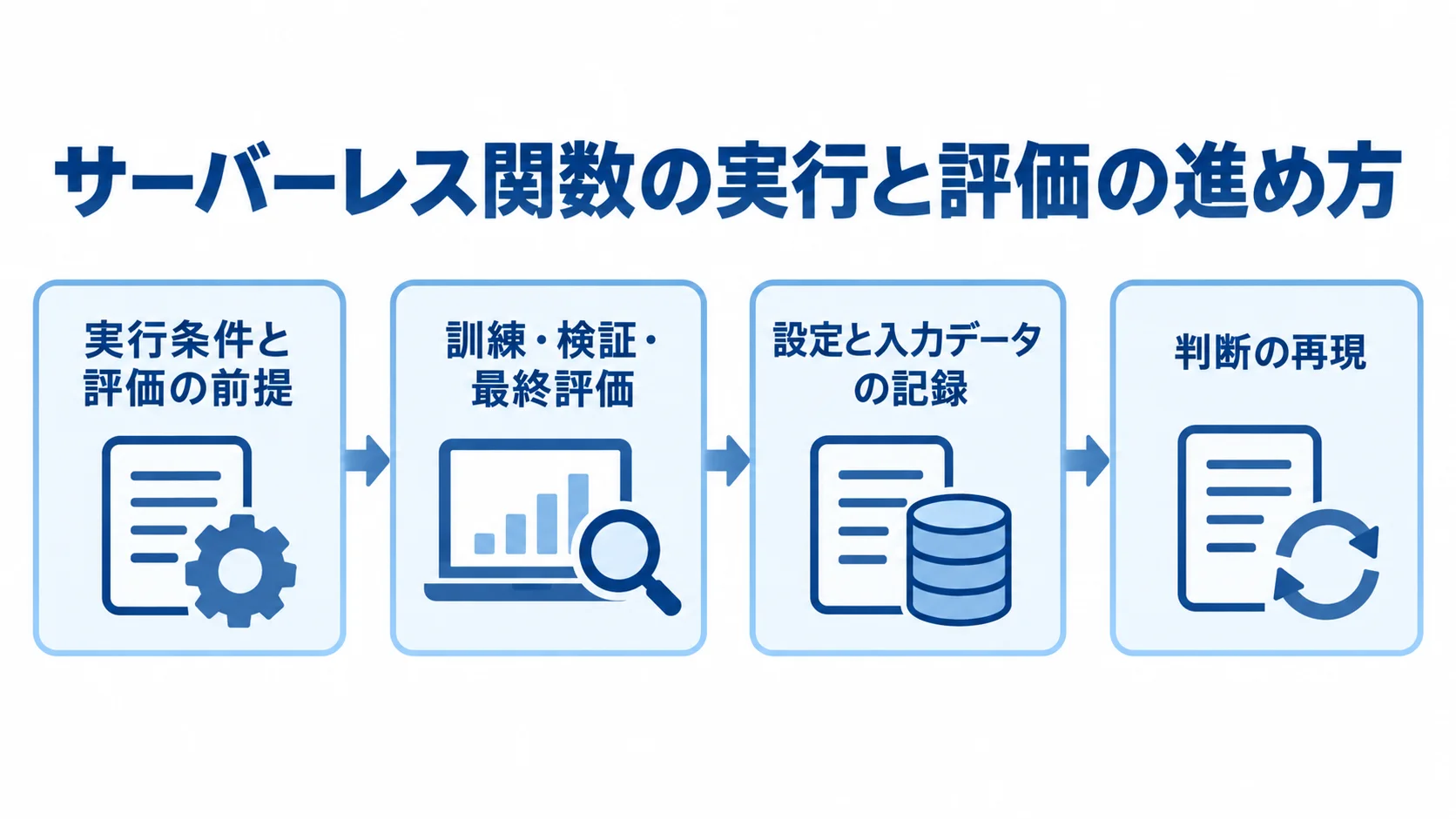 実行条件と評価の前提をそろえ、評価データを分けて記録し、判断を再現する流れの図解。