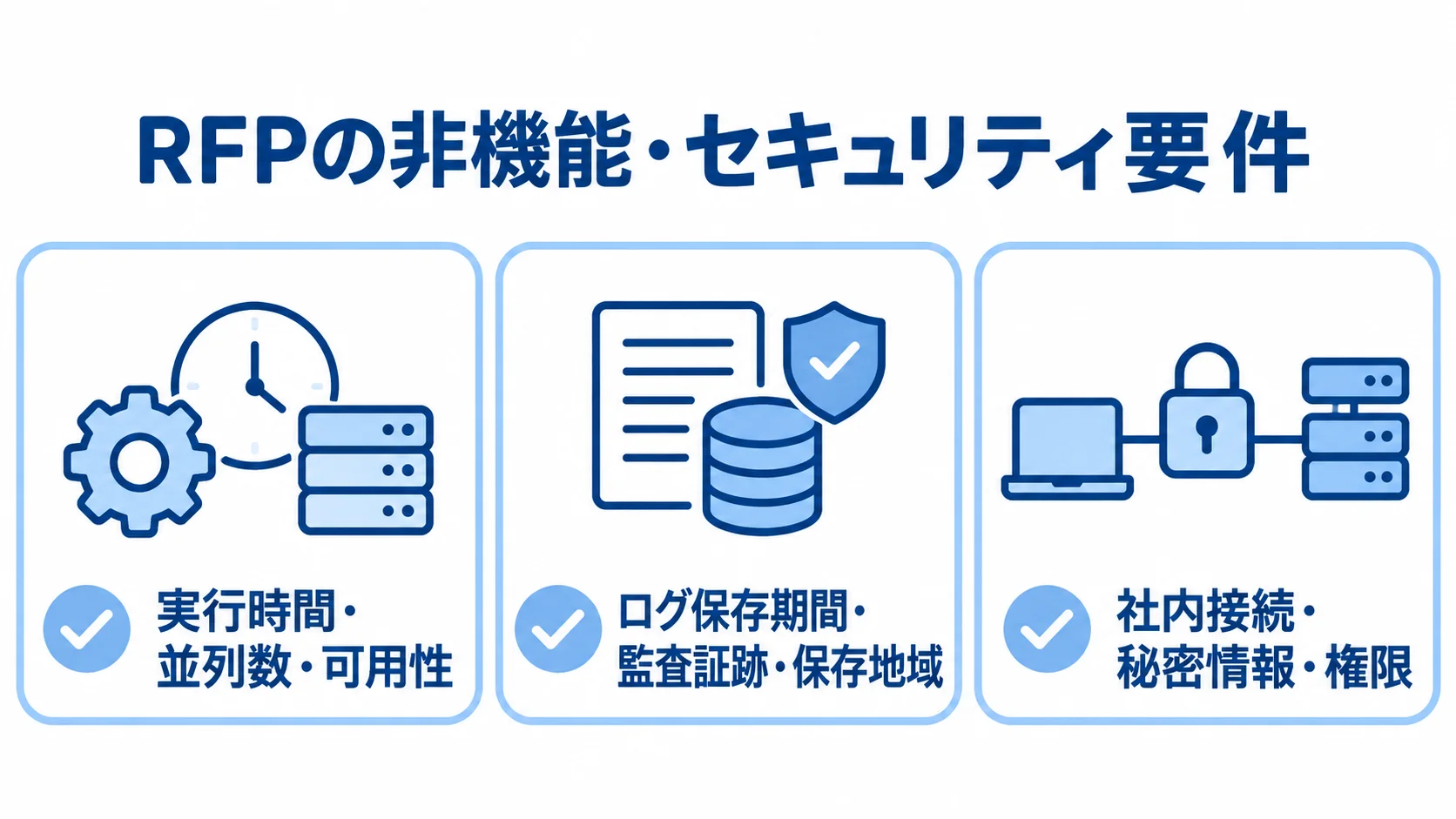 RFPに記載する非機能・セキュリティ要件 実行、記録、保護の3分類でRFPの要件を整理した図。