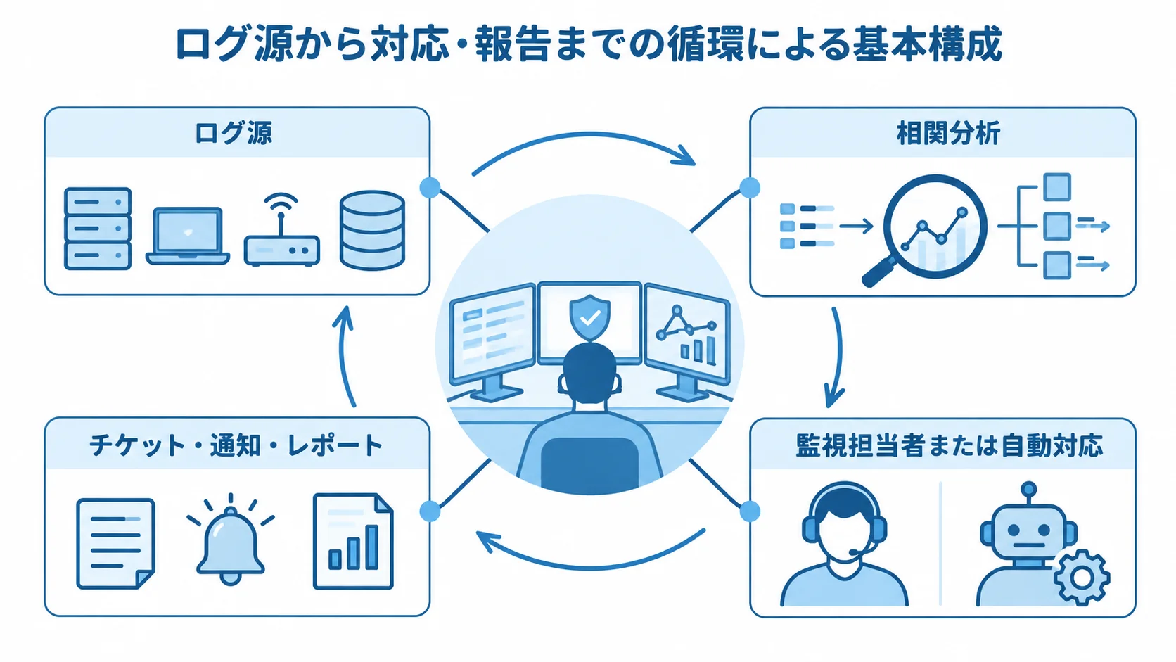 セキュリティ運用支援システムを中心に、ログ源から分析、対応、報告までを示す図