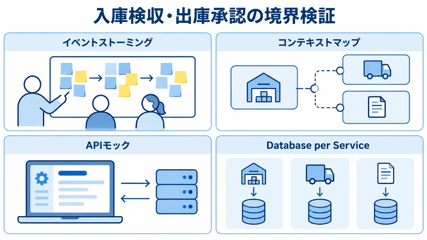 イベントストーミングからDatabase per Serviceまで、サービス境界の検証要素を4枚のパネルで示す図