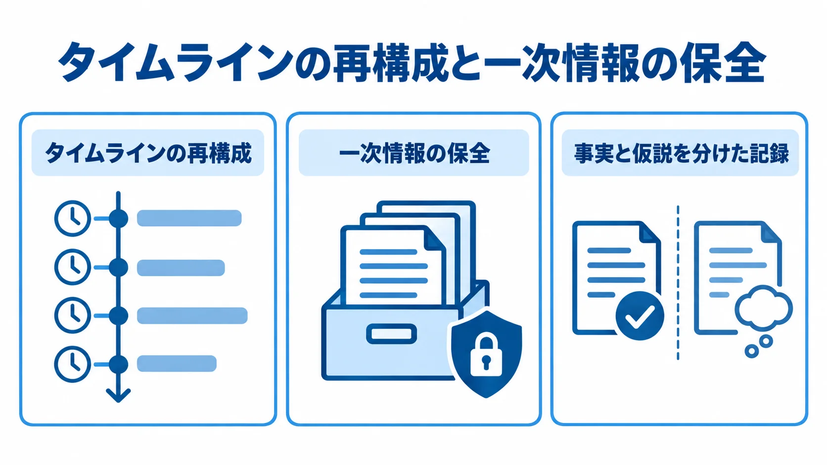 ログ解析で事実収集する際の要点を示す図 ログ解析で行うタイムラインの再構成、一次情報の保全、事実と仮説を分けた記録を示す図。