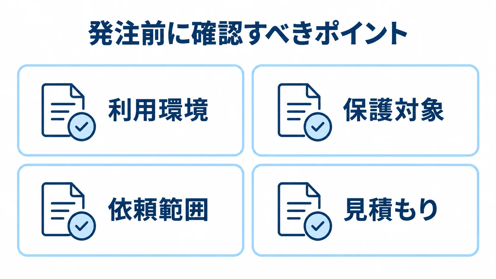 パートナー選定前に整理する利用環境と依頼条件 発注前にそろえる利用環境、保護対象、依頼範囲、見積もりの4項目を並べた図解