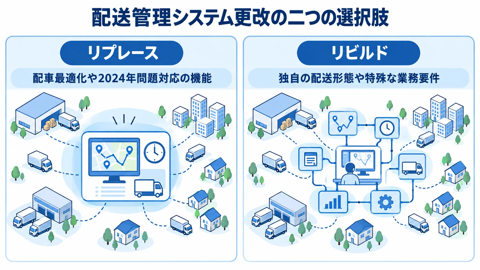 配送管理システム更改の二つの選択肢 配送管理システム更改のリプレースとリビルドを比較し、対応機能と独自の配送形態や業務要件への適合を示す図。