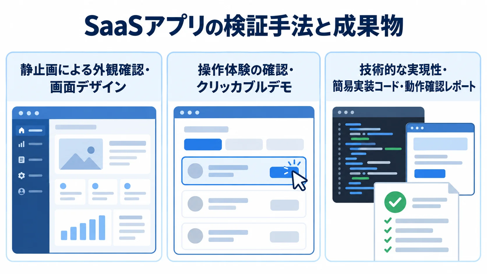 SaaSアプリの検証手法と成果物の違いを示す図 モックアップ、プロトタイプ、PoCを、それぞれ確かめる内容と成果物で整理した3枚のパネル図。