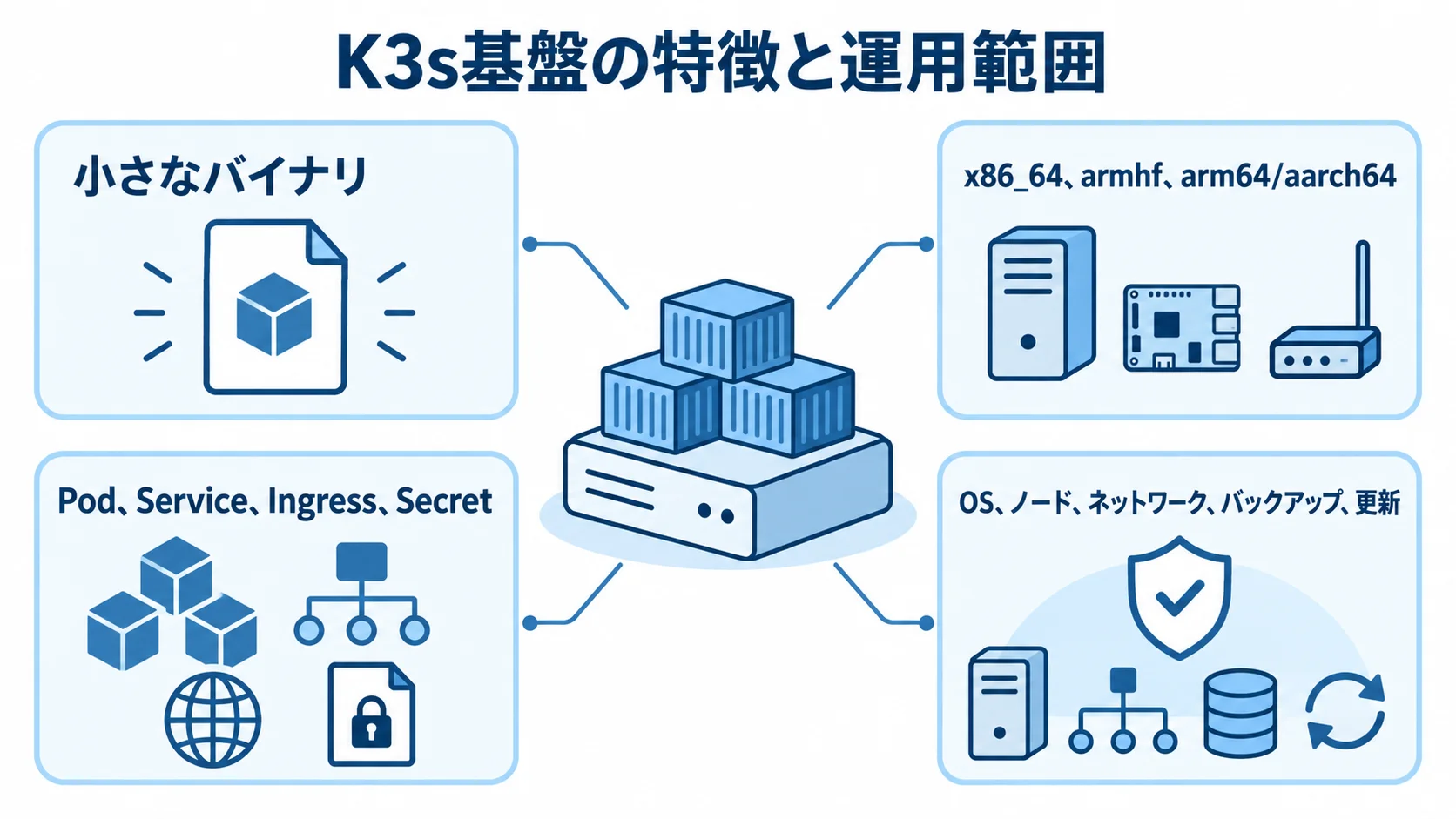 K3s基盤の特徴と設計・運用で担う範囲を示す図解 K3sを中心に、小さなバイナリ、対応環境、設計知識、運用責任を示した図。