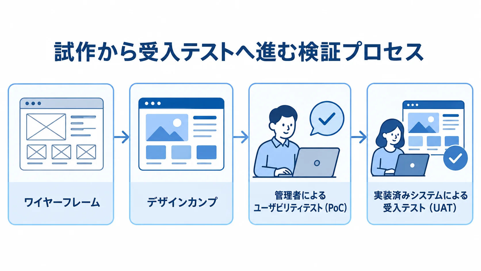 倉庫管理システムのPoC・プロトタイプ検証の段階 ワイヤーフレームからデザインカンプ、管理者によるPoC、受入テストへ進む検証プロセスの図解。
