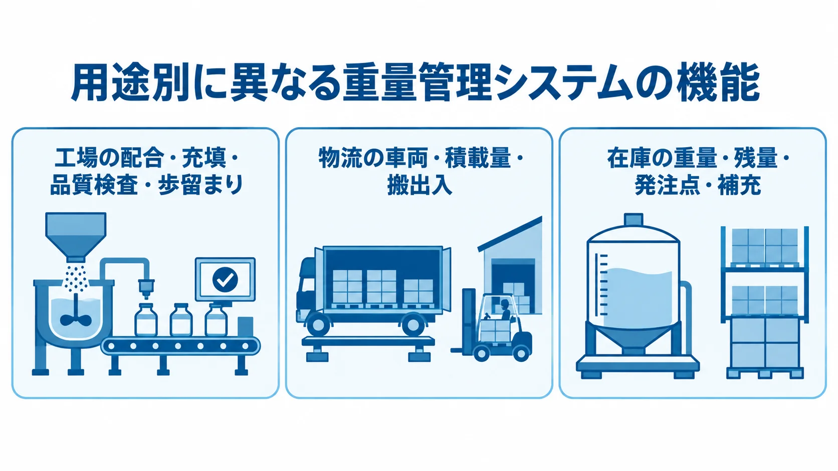 重量管理システムの用途別機能を示す3つのパネル 工場・物流・在庫の3用途と、それぞれの重量管理機能を並べた図解。