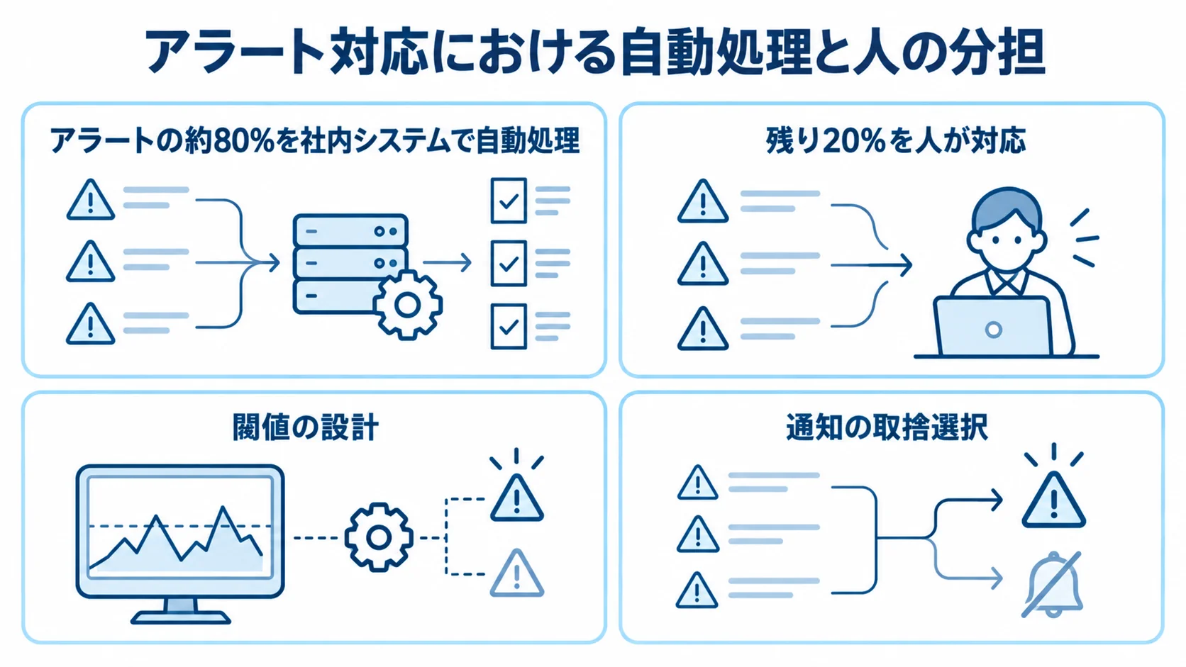 アラートの自動処理と人の対応の分担 アラートの約80%を社内システムで自動処理し、残り20%を人が対応する構成と、閾値設計・通知選別を示す図。